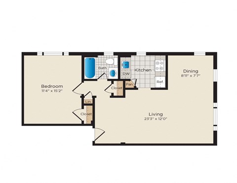 Floor plan for 1 bed, 1 bath, 607 sqft